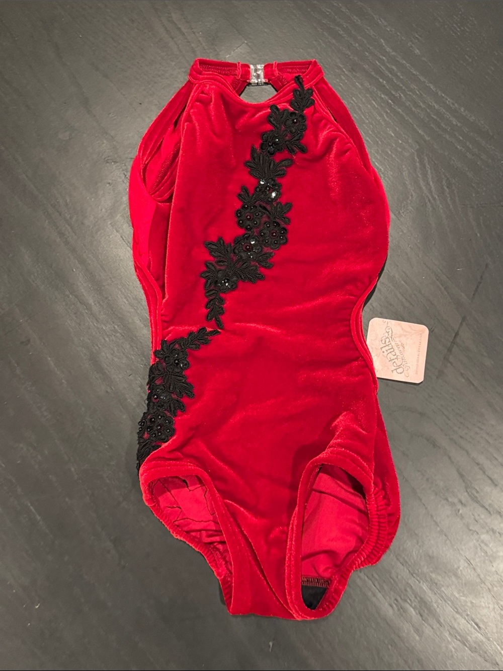 Red Velvet Girls' One-Piece with Black Lace Appliqué